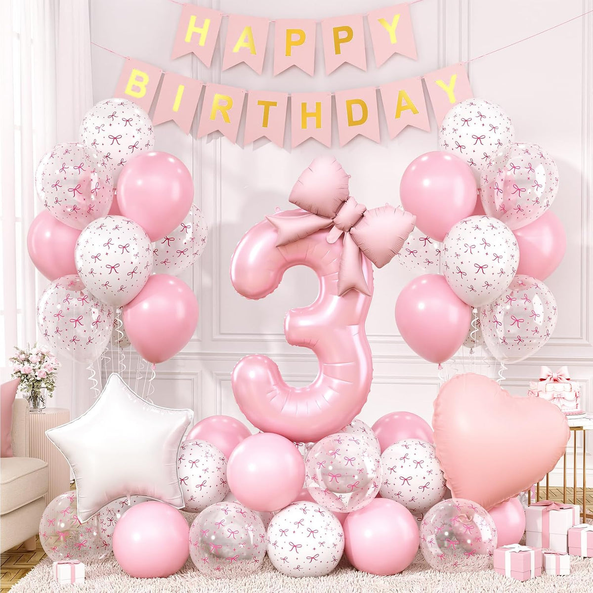 1st Pink Bow Birthday Decorations for Girls,Pink White Bow Latex Balloons
