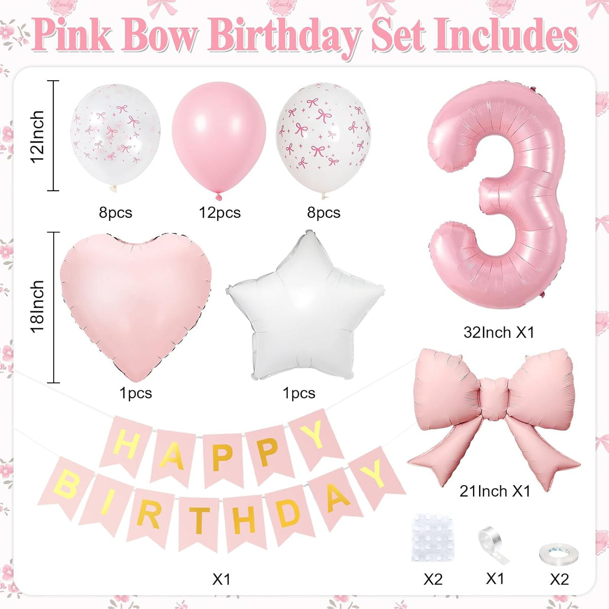 1st Pink Bow Birthday Decorations for Girls,Pink White Bow Latex Balloons