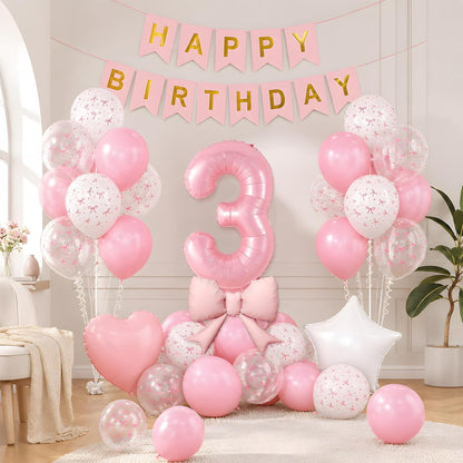 1st Pink Bow Birthday Decorations for Girls,Pink White Bow Latex Balloons
