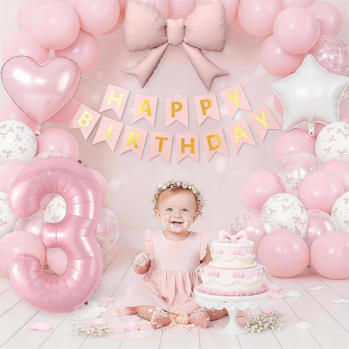1st Pink Bow Birthday Decorations for Girls,Pink White Bow Latex Balloons