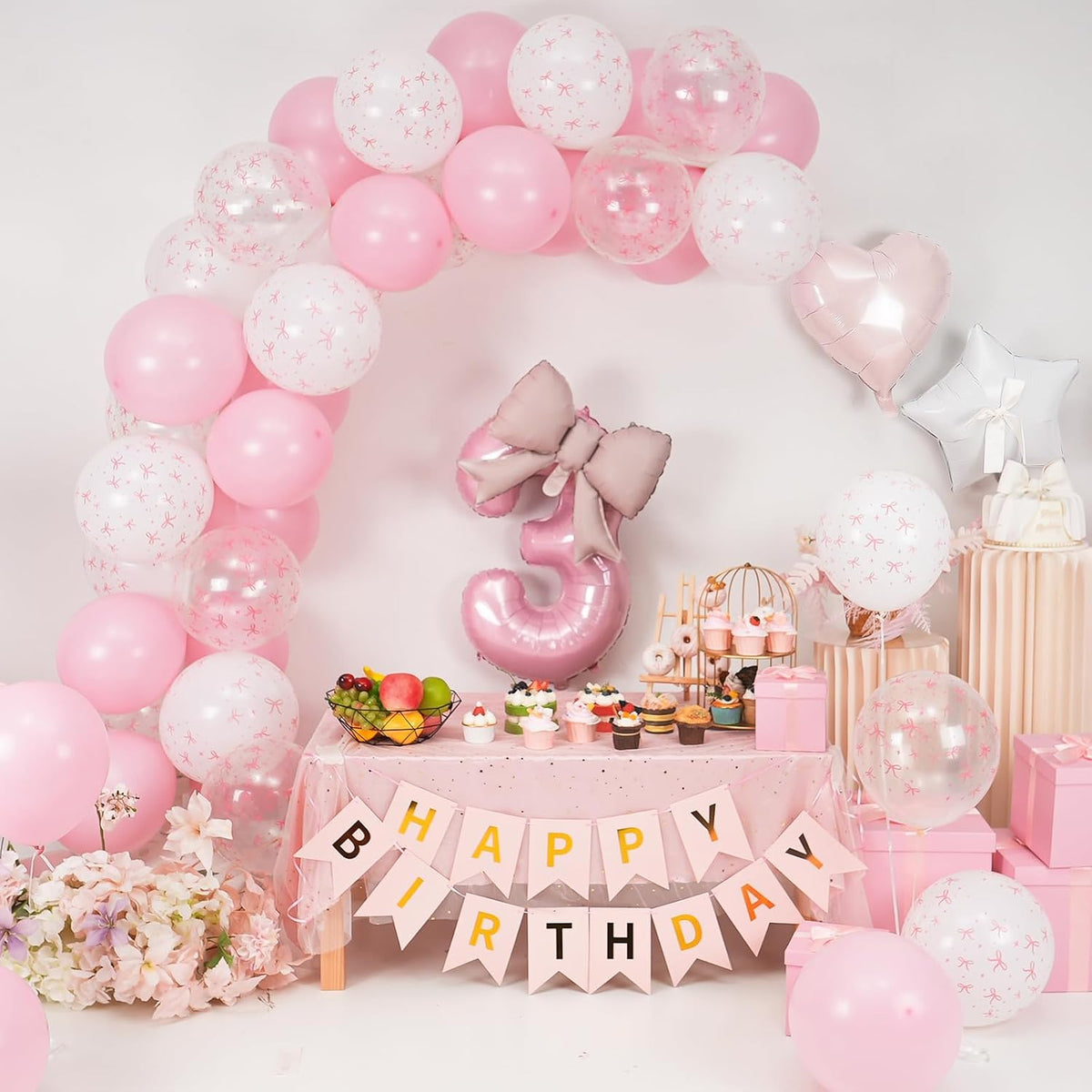 1st Pink Bow Birthday Decorations for Girls,Pink White Bow Latex Balloons