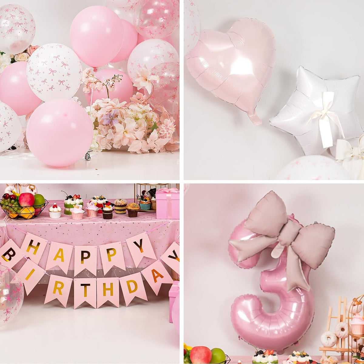 1st Pink Bow Birthday Decorations for Girls,Pink White Bow Latex Balloons