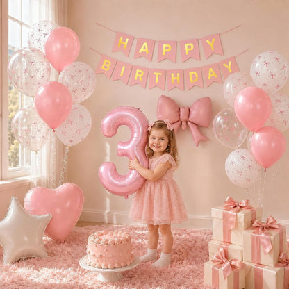 1st Pink Bow Birthday Decorations for Girls,Pink White Bow Latex Balloons