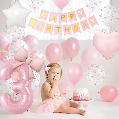1st Pink Bow Birthday Decorations for Girls,Pink White Bow Latex Balloons