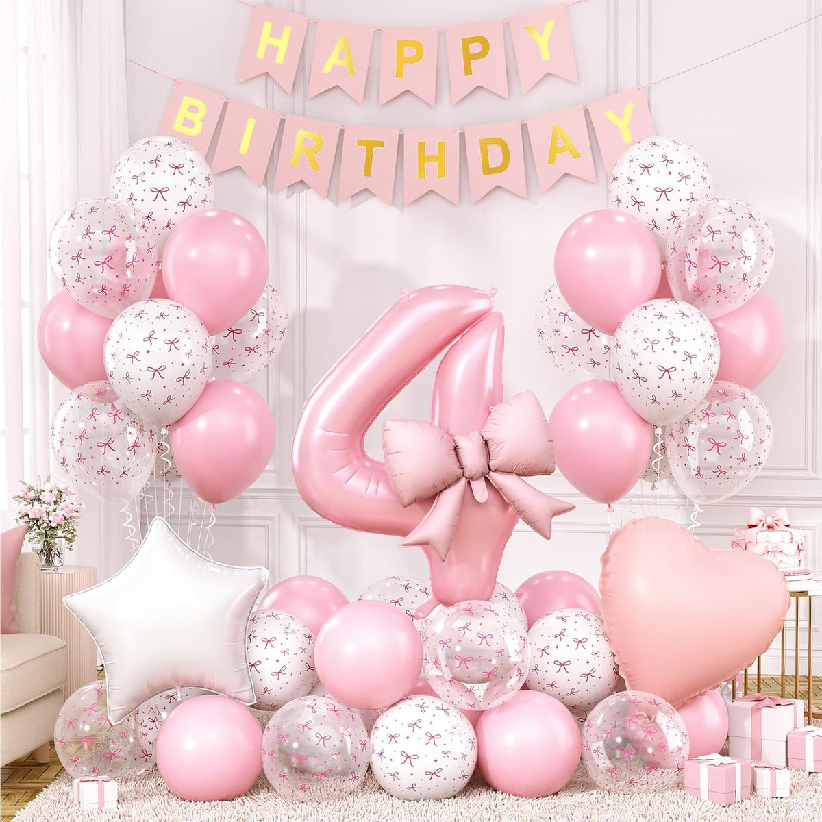 1st Pink Bow Birthday Decorations for Girls,Pink White Bow Latex Balloons