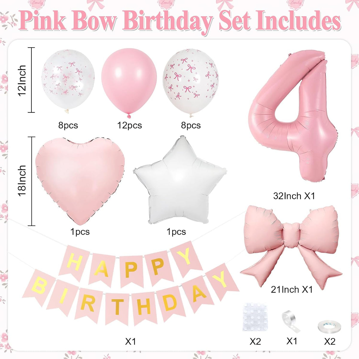 1st Pink Bow Birthday Decorations for Girls,Pink White Bow Latex Balloons