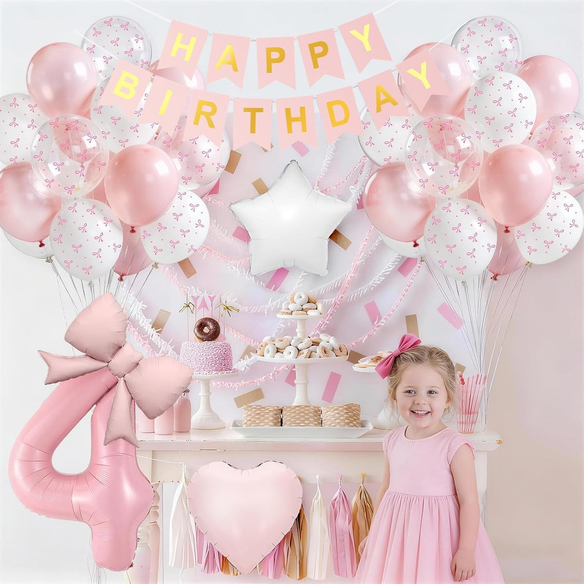 1st Pink Bow Birthday Decorations for Girls,Pink White Bow Latex Balloons