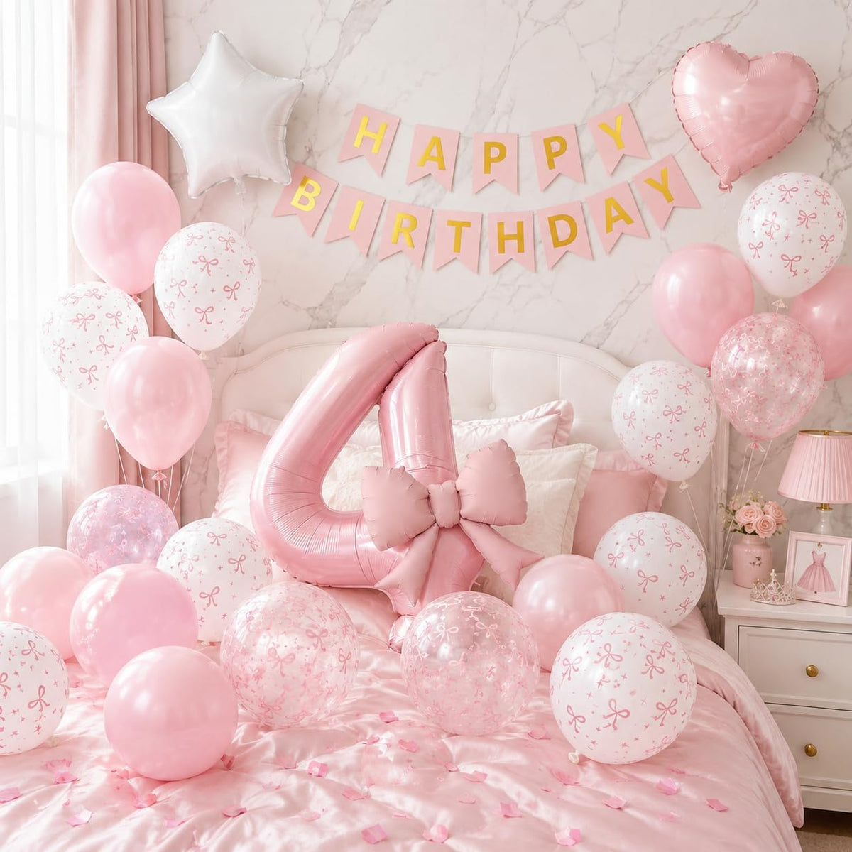 1st Pink Bow Birthday Decorations for Girls,Pink White Bow Latex Balloons
