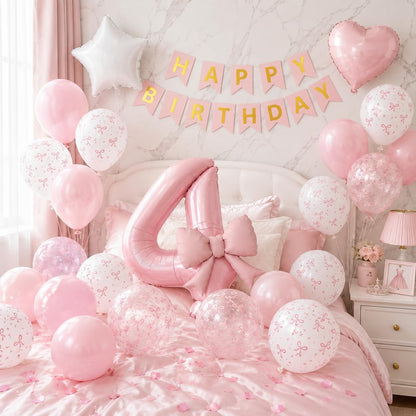 1st Pink Bow Birthday Decorations for Girls,Pink White Bow Latex Balloons