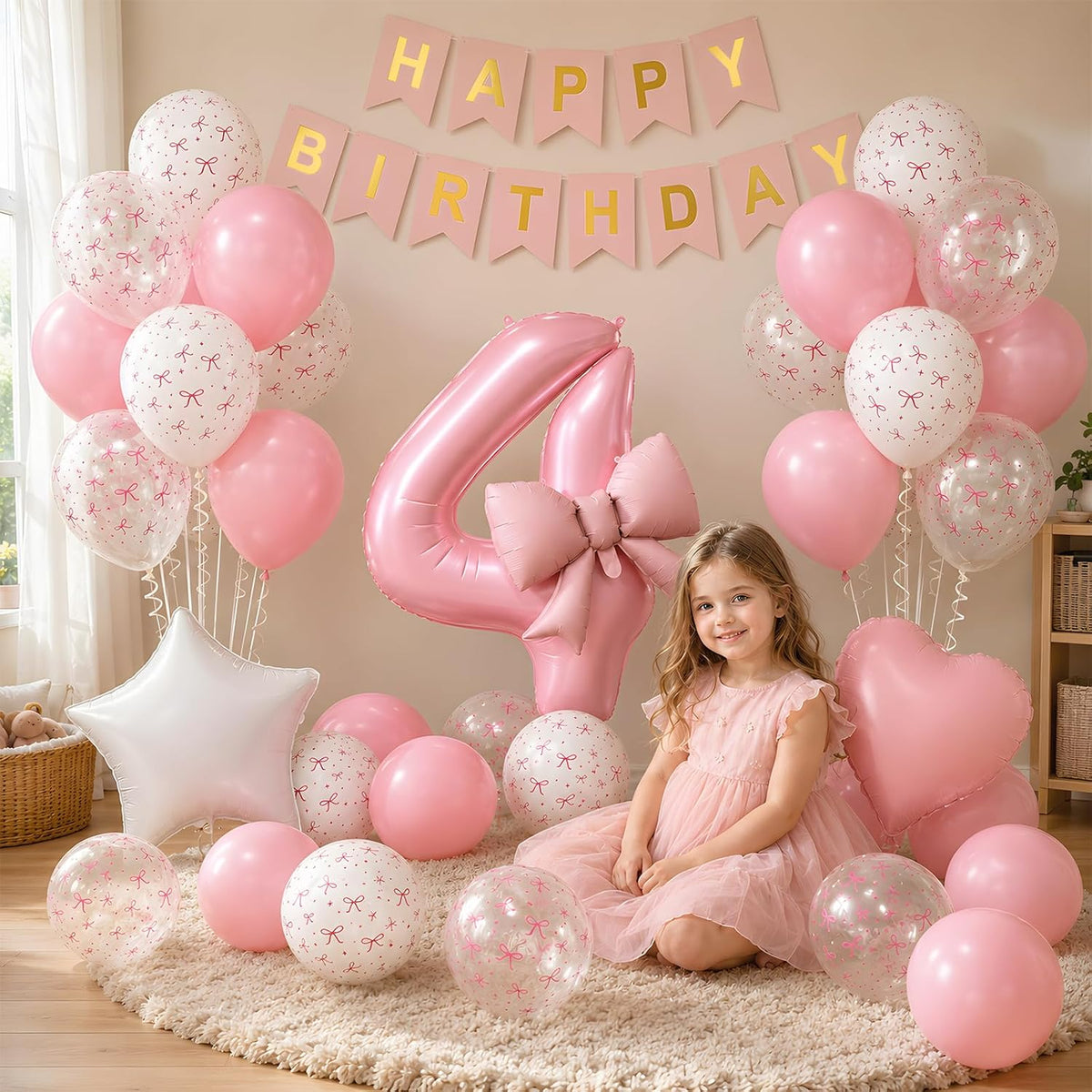 1st Pink Bow Birthday Decorations for Girls,Pink White Bow Latex Balloons