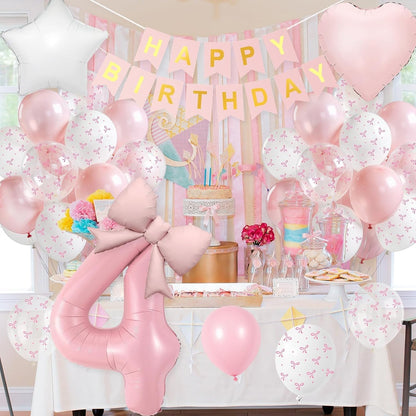 1st Pink Bow Birthday Decorations for Girls,Pink White Bow Latex Balloons