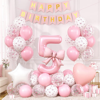 1st Pink Bow Birthday Decorations for Girls,Pink White Bow Latex Balloons
