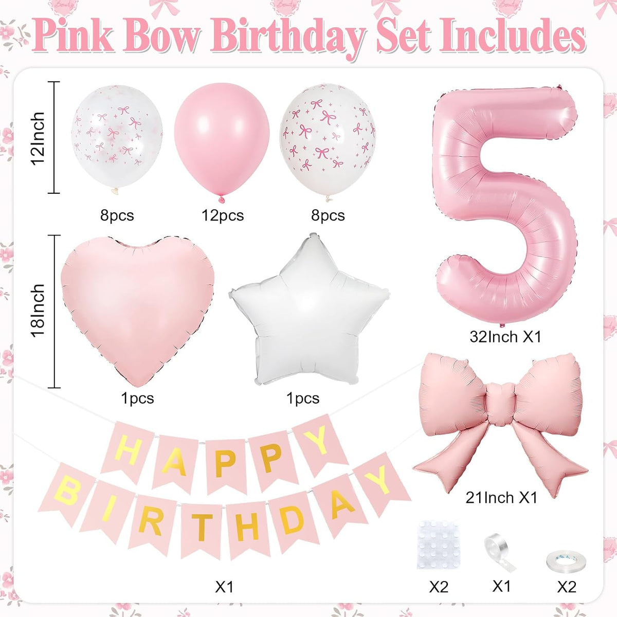 1st Pink Bow Birthday Decorations for Girls,Pink White Bow Latex Balloons