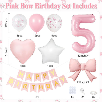 1st Pink Bow Birthday Decorations for Girls,Pink White Bow Latex Balloons