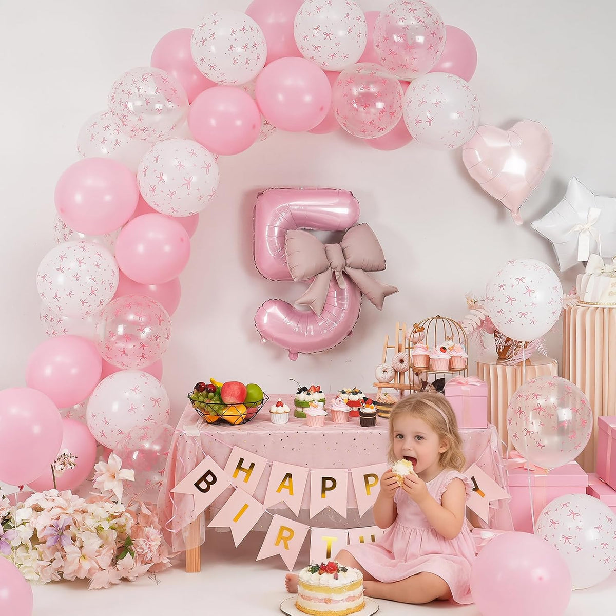 1st Pink Bow Birthday Decorations for Girls,Pink White Bow Latex Balloons
