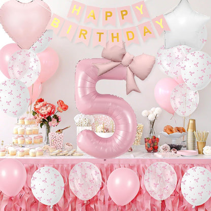 1st Pink Bow Birthday Decorations for Girls,Pink White Bow Latex Balloons