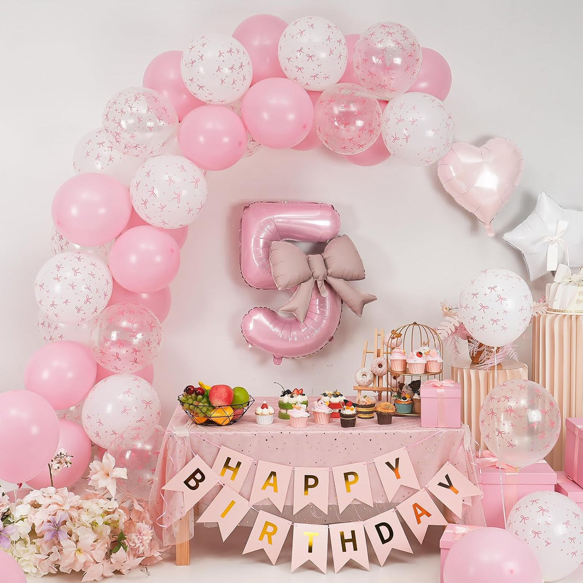 1st Pink Bow Birthday Decorations for Girls,Pink White Bow Latex Balloons