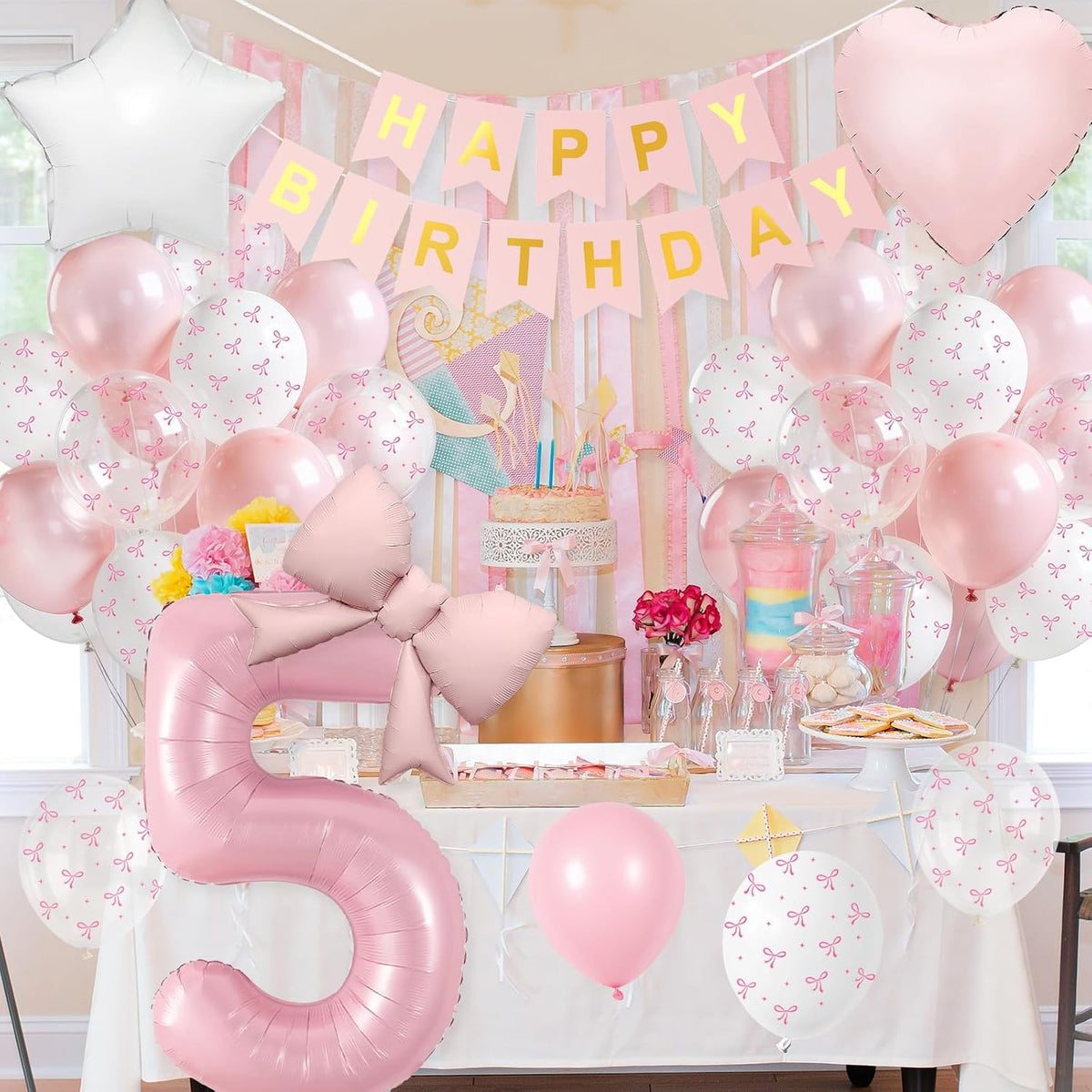 1st Pink Bow Birthday Decorations for Girls,Pink White Bow Latex Balloons