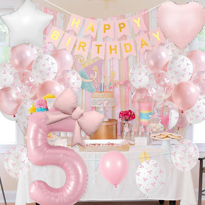 1st Pink Bow Birthday Decorations for Girls,Pink White Bow Latex Balloons