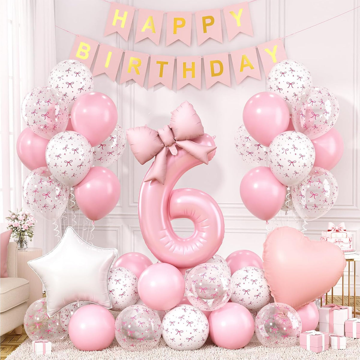 1st Pink Bow Birthday Decorations for Girls,Pink White Bow Latex Balloons