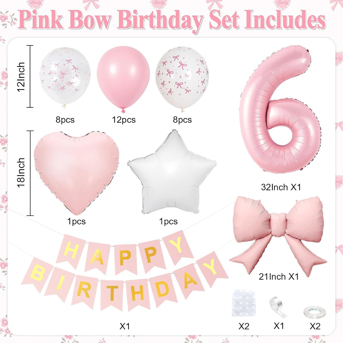 1st Pink Bow Birthday Decorations for Girls,Pink White Bow Latex Balloons