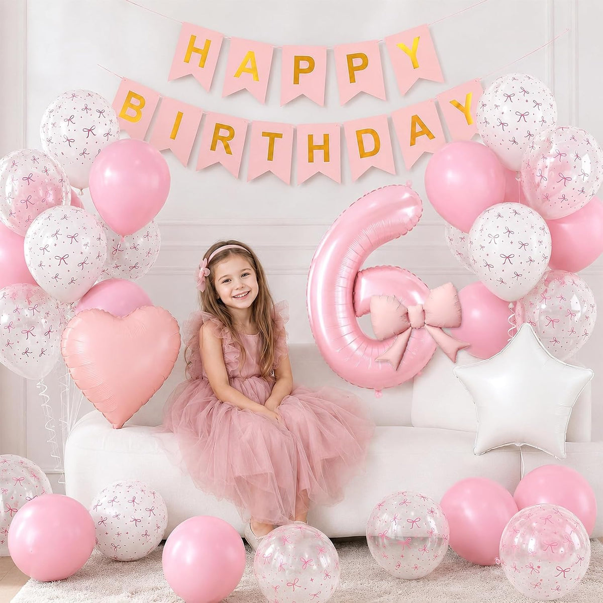 1st Pink Bow Birthday Decorations for Girls,Pink White Bow Latex Balloons
