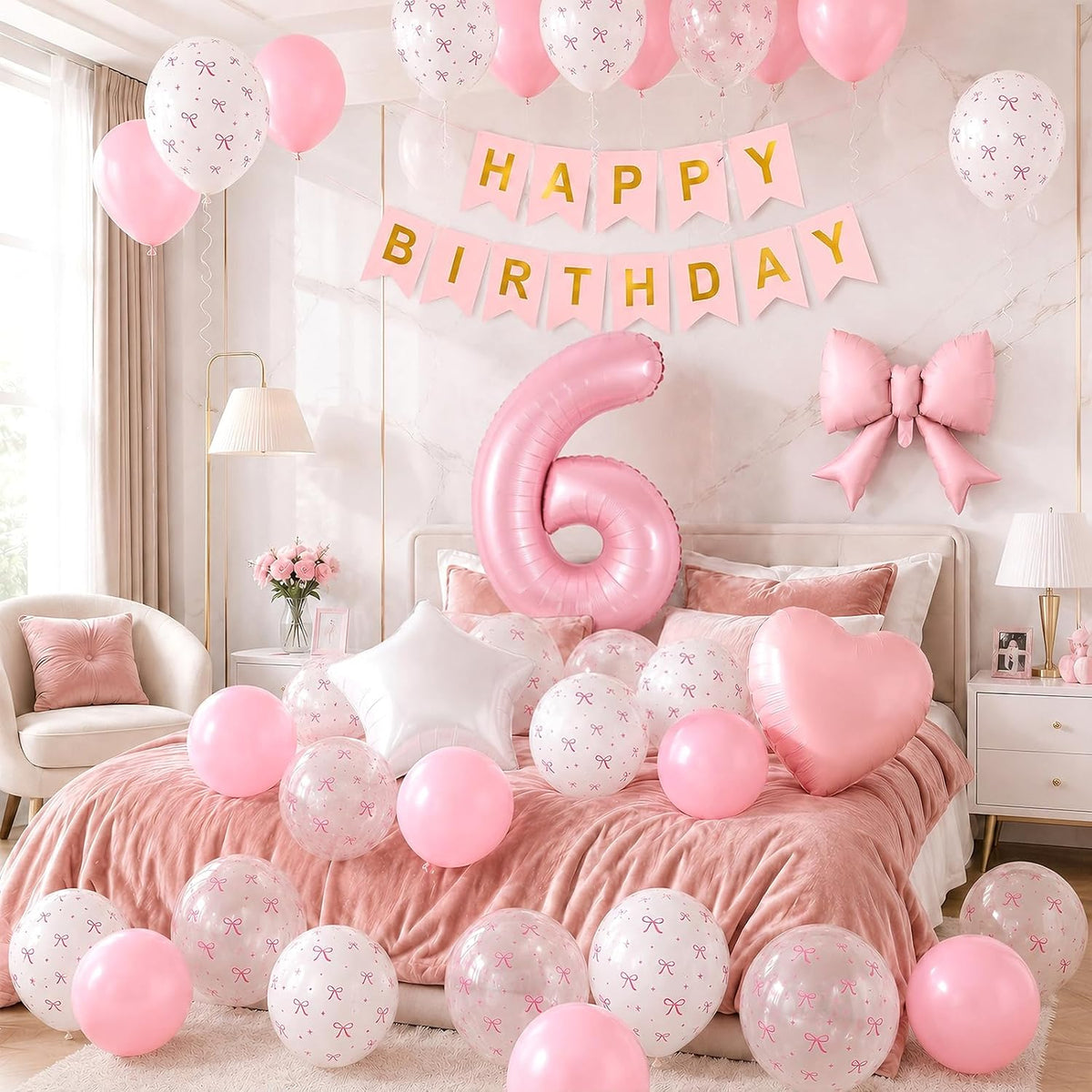 1st Pink Bow Birthday Decorations for Girls,Pink White Bow Latex Balloons