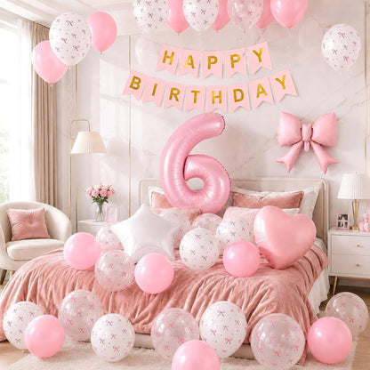 1st Pink Bow Birthday Decorations for Girls,Pink White Bow Latex Balloons
