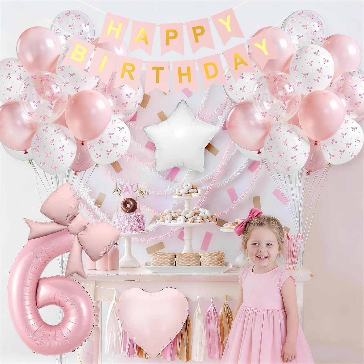 1st Pink Bow Birthday Decorations for Girls,Pink White Bow Latex Balloons