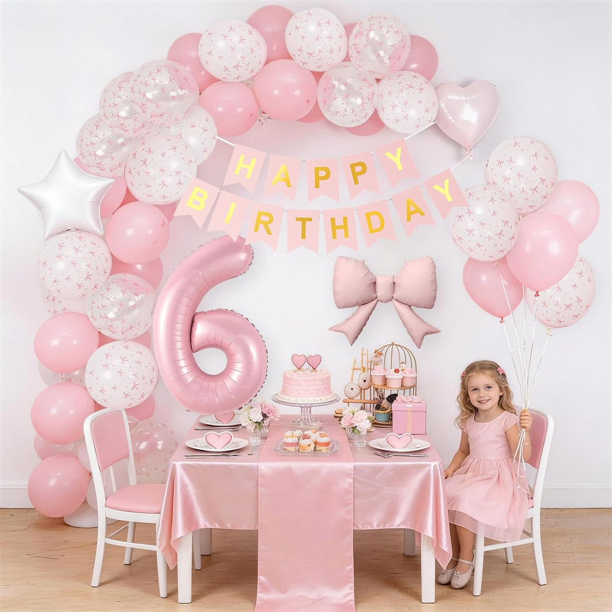1st Pink Bow Birthday Decorations for Girls,Pink White Bow Latex Balloons