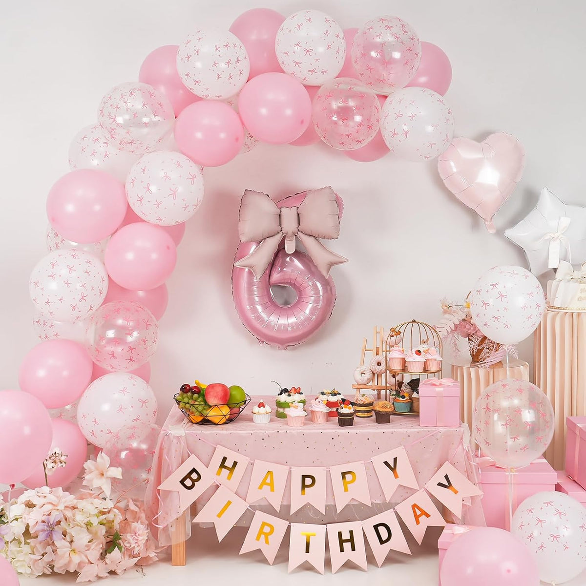 1st Pink Bow Birthday Decorations for Girls,Pink White Bow Latex Balloons