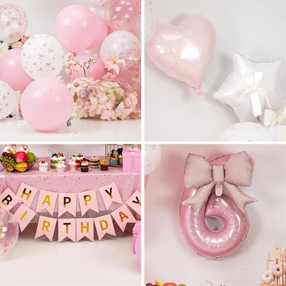 1st Pink Bow Birthday Decorations for Girls,Pink White Bow Latex Balloons