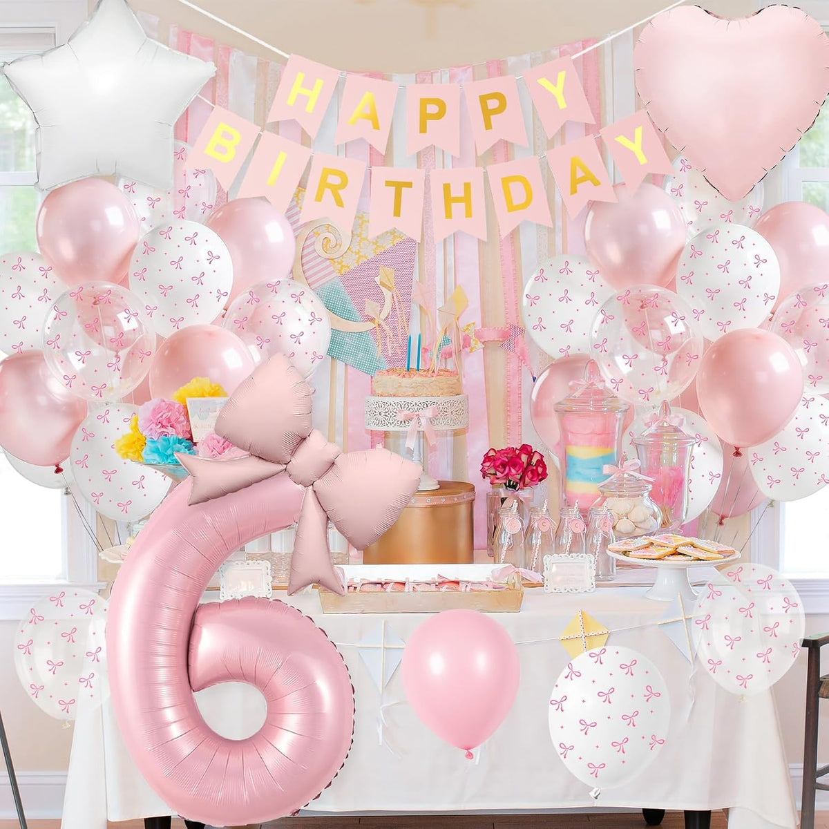 1st Pink Bow Birthday Decorations for Girls,Pink White Bow Latex Balloons