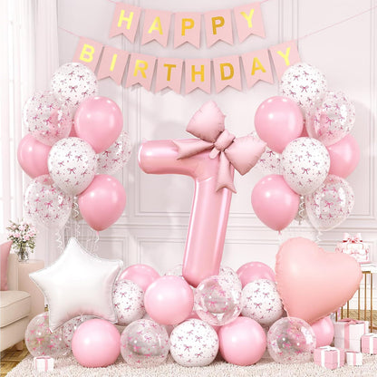 1st Pink Bow Birthday Decorations for Girls,Pink White Bow Latex Balloons