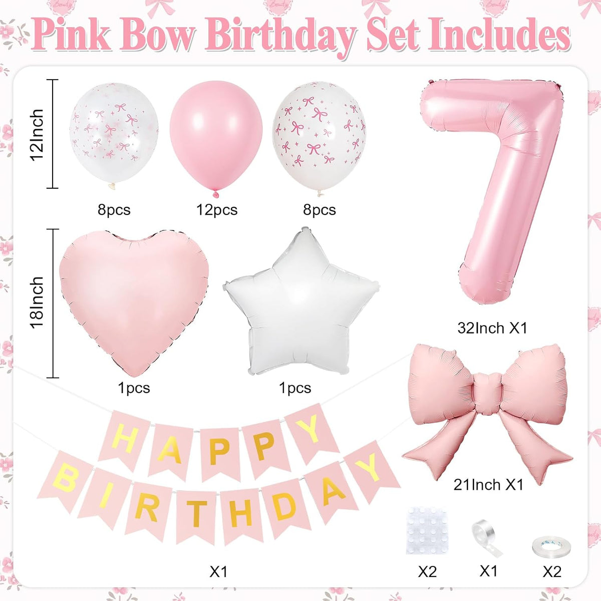 1st Pink Bow Birthday Decorations for Girls,Pink White Bow Latex Balloons