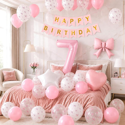 1st Pink Bow Birthday Decorations for Girls,Pink White Bow Latex Balloons