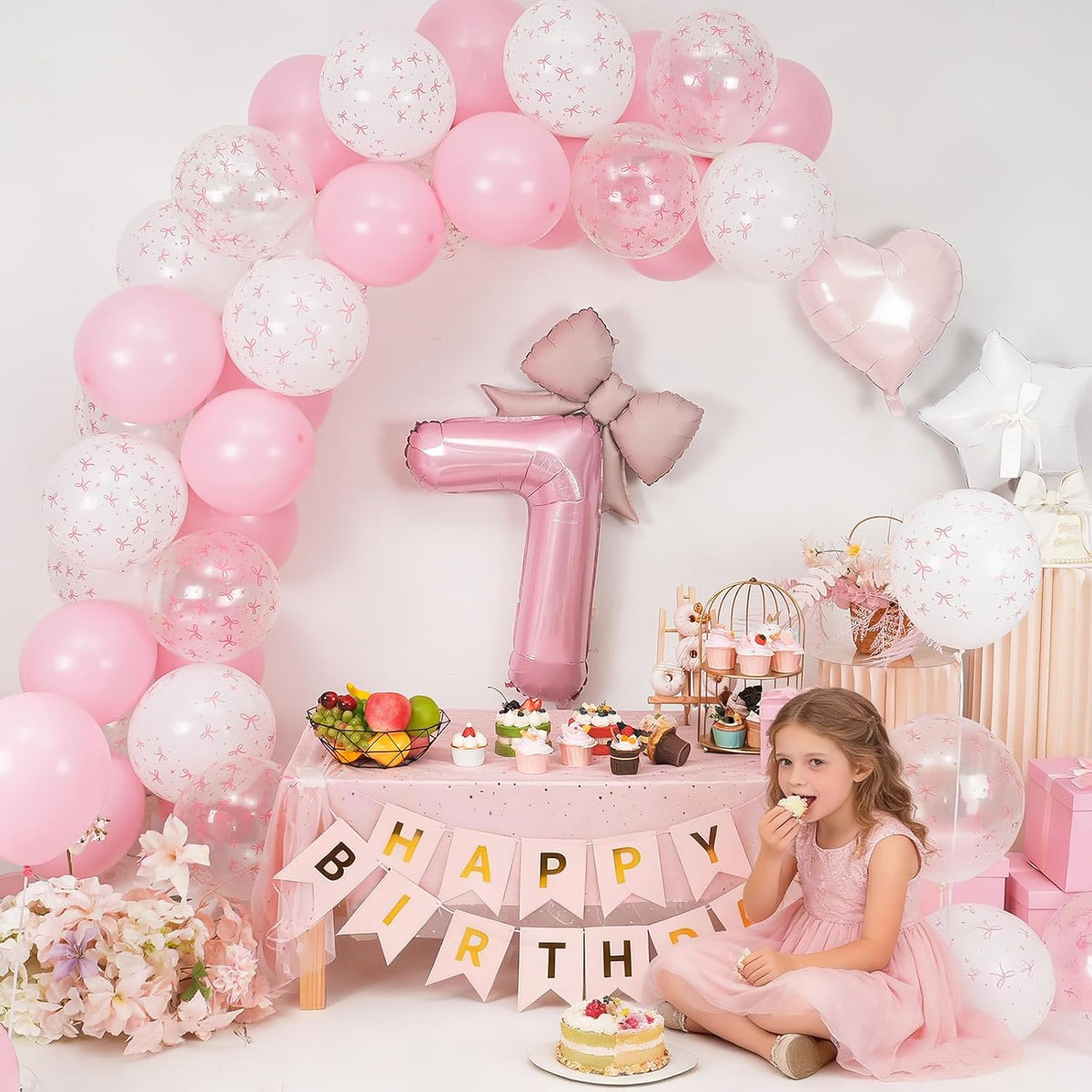 1st Pink Bow Birthday Decorations for Girls,Pink White Bow Latex Balloons