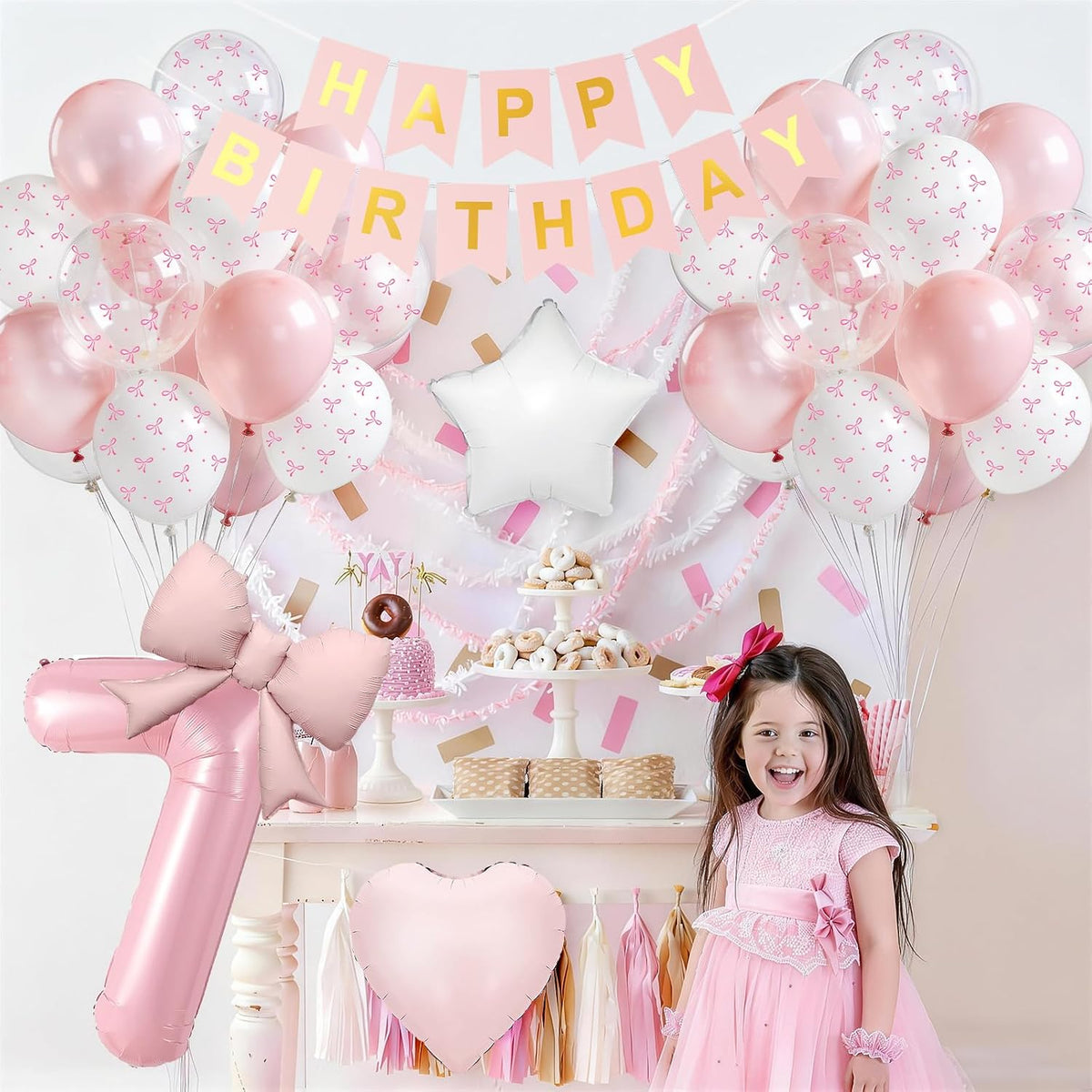 1st Pink Bow Birthday Decorations for Girls,Pink White Bow Latex Balloons