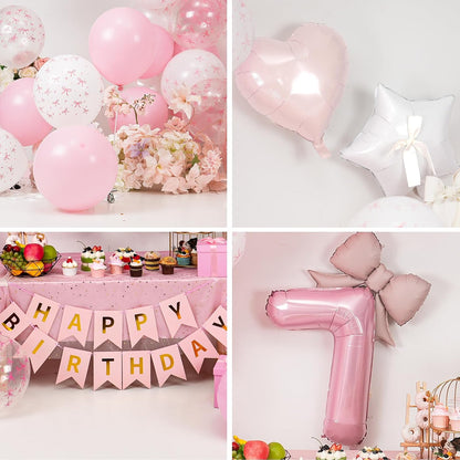 1st Pink Bow Birthday Decorations for Girls,Pink White Bow Latex Balloons