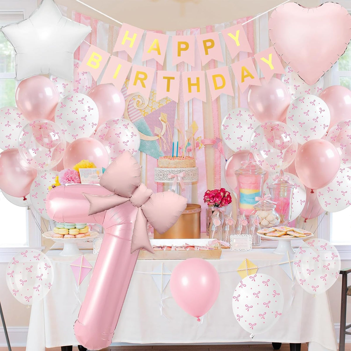 1st Pink Bow Birthday Decorations for Girls,Pink White Bow Latex Balloons