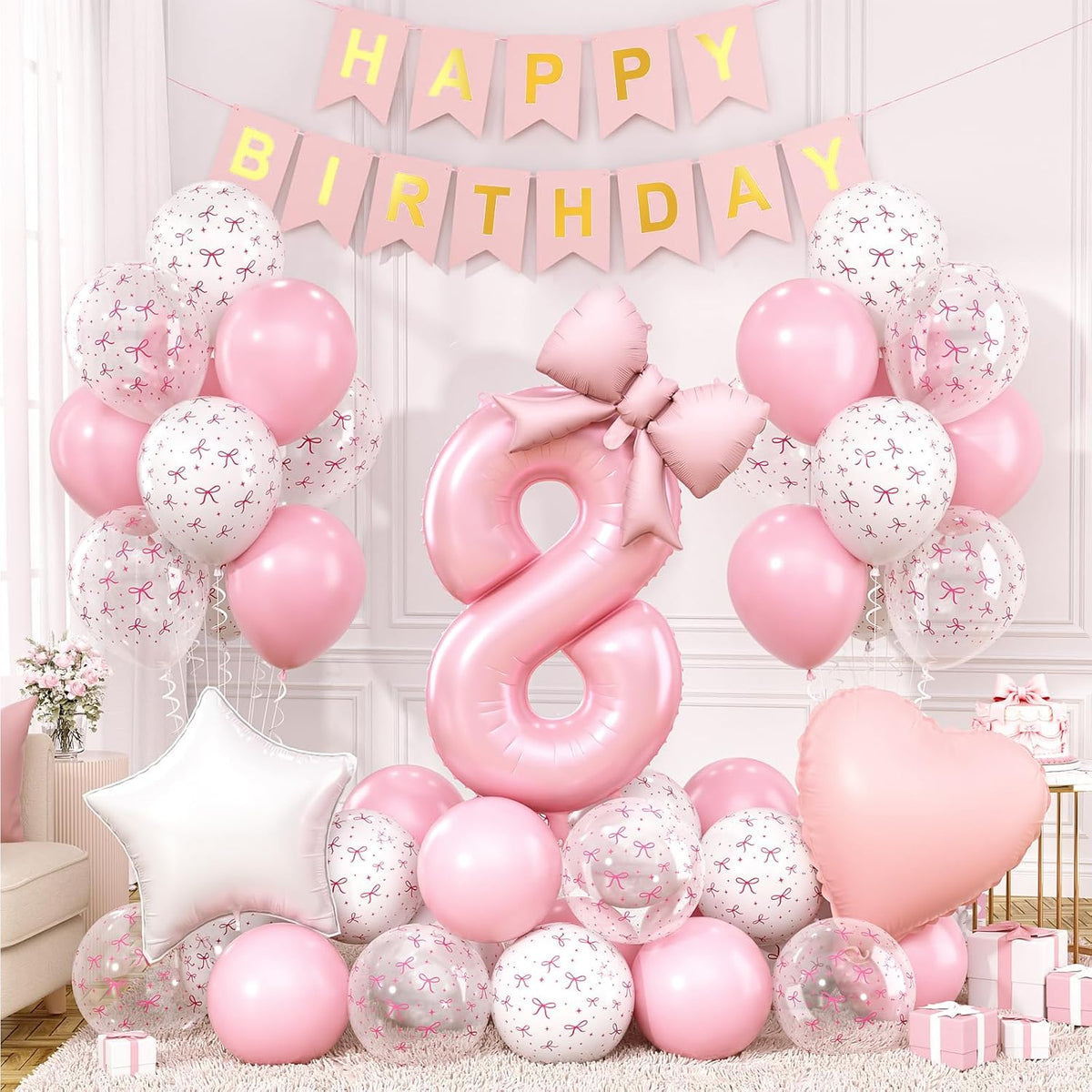 1st Pink Bow Birthday Decorations for Girls,Pink White Bow Latex Balloons