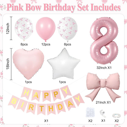 1st Pink Bow Birthday Decorations for Girls,Pink White Bow Latex Balloons
