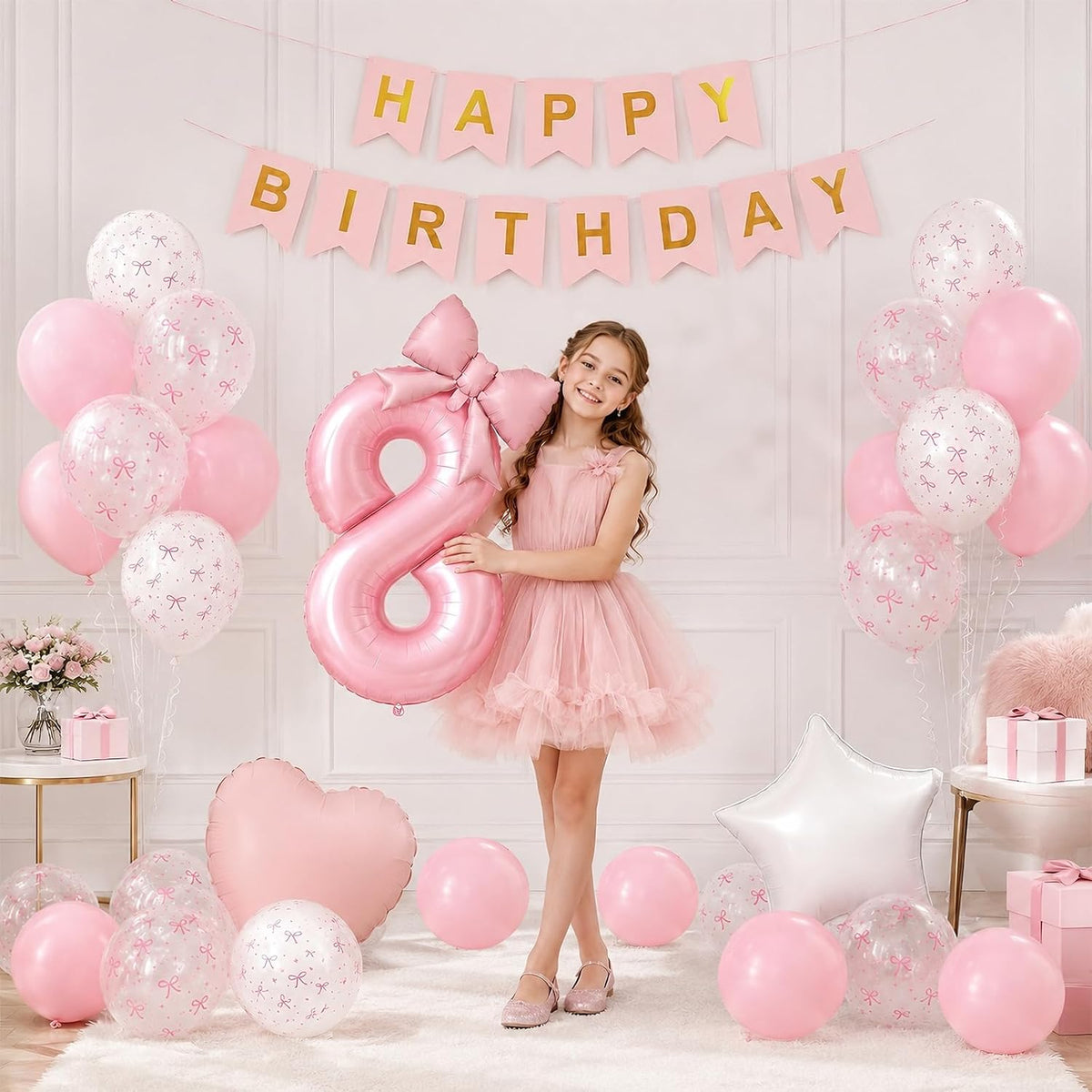 1st Pink Bow Birthday Decorations for Girls,Pink White Bow Latex Balloons