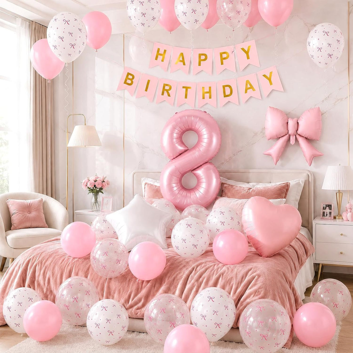 1st Pink Bow Birthday Decorations for Girls,Pink White Bow Latex Balloons