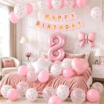 1st Pink Bow Birthday Decorations for Girls,Pink White Bow Latex Balloons