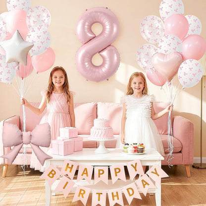 1st Pink Bow Birthday Decorations for Girls,Pink White Bow Latex Balloons