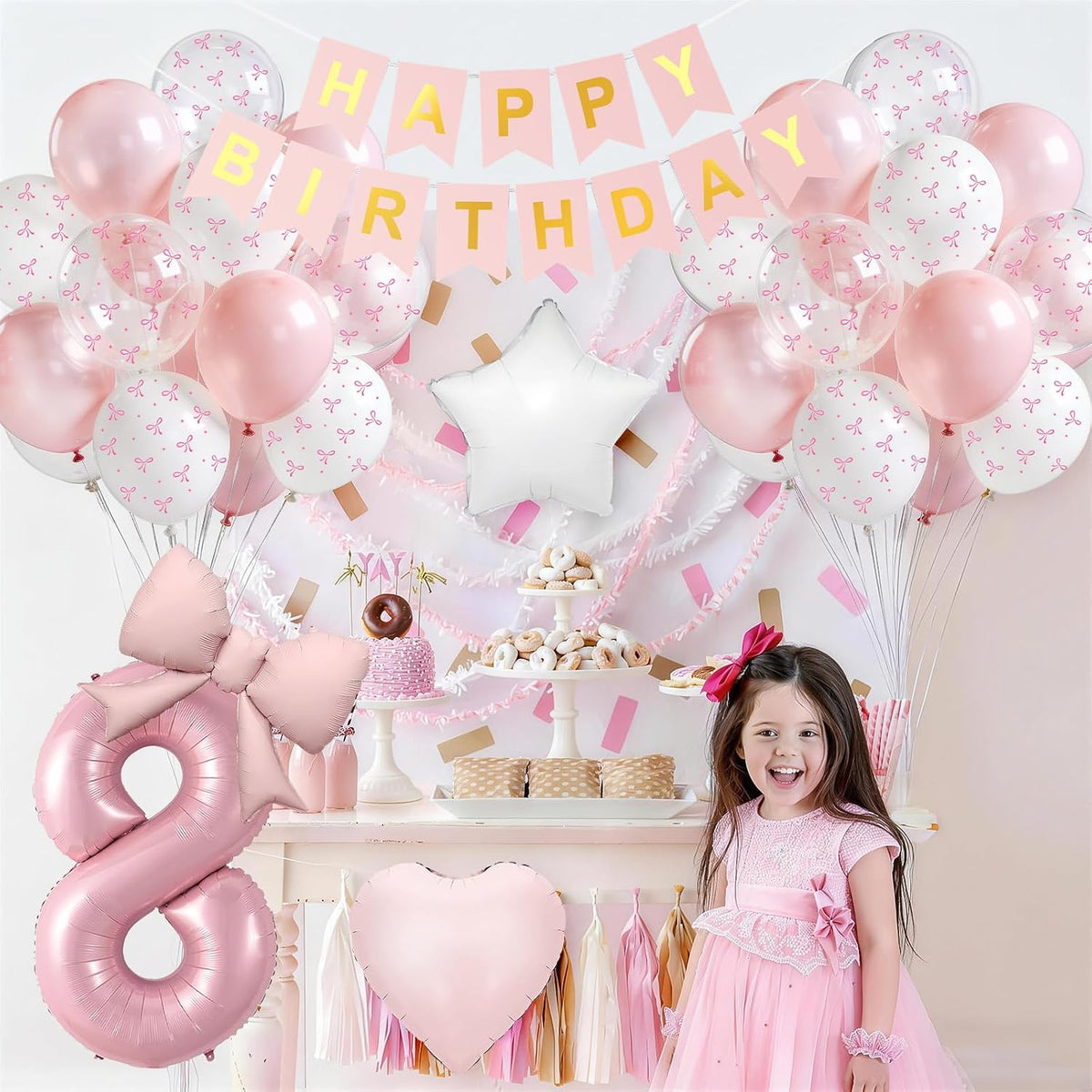 1st Pink Bow Birthday Decorations for Girls,Pink White Bow Latex Balloons