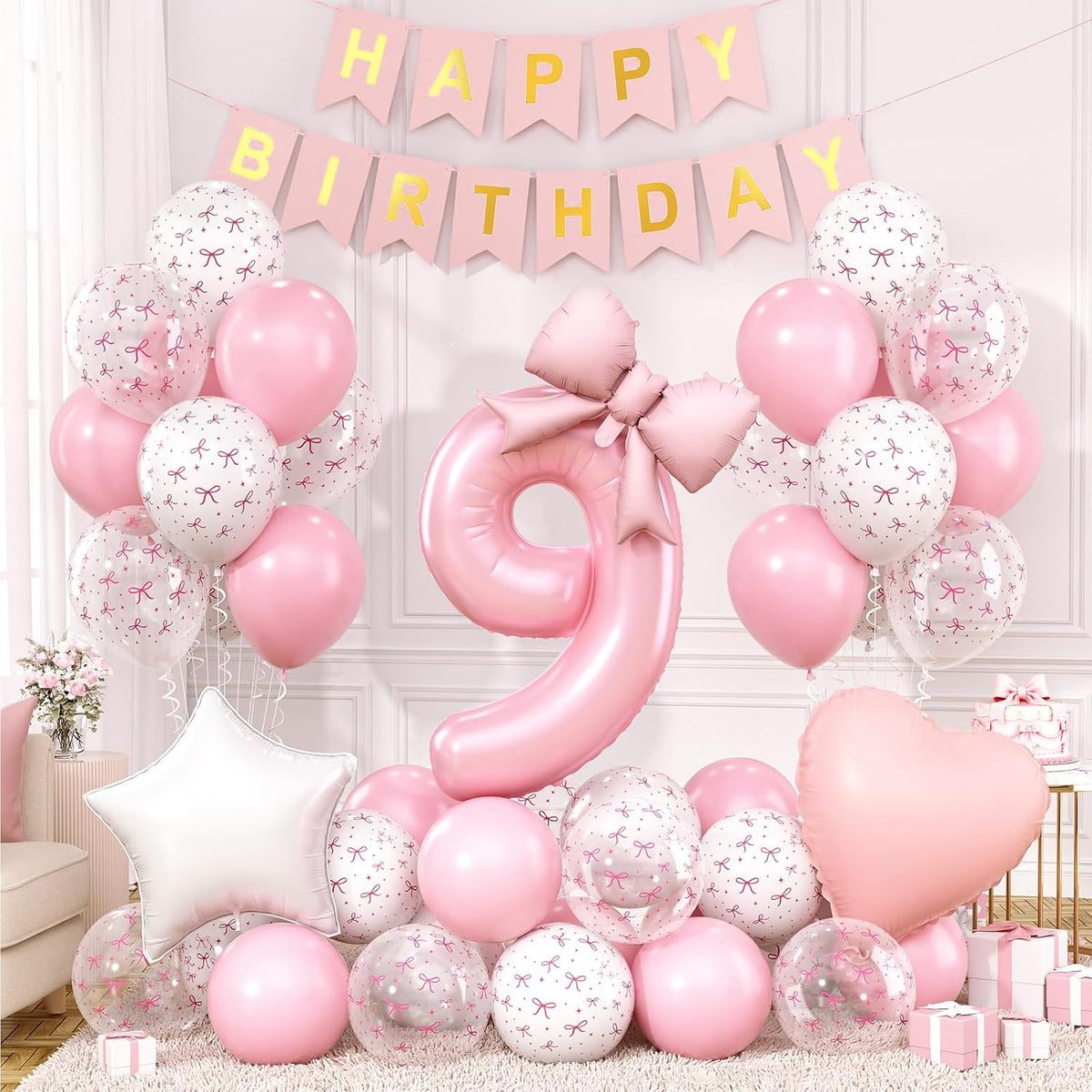 1st Pink Bow Birthday Decorations for Girls,Pink White Bow Latex Balloons