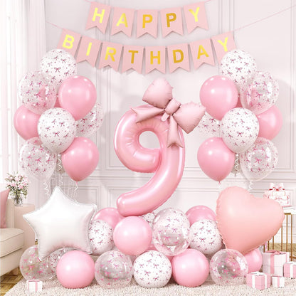 1st Pink Bow Birthday Decorations for Girls,Pink White Bow Latex Balloons
