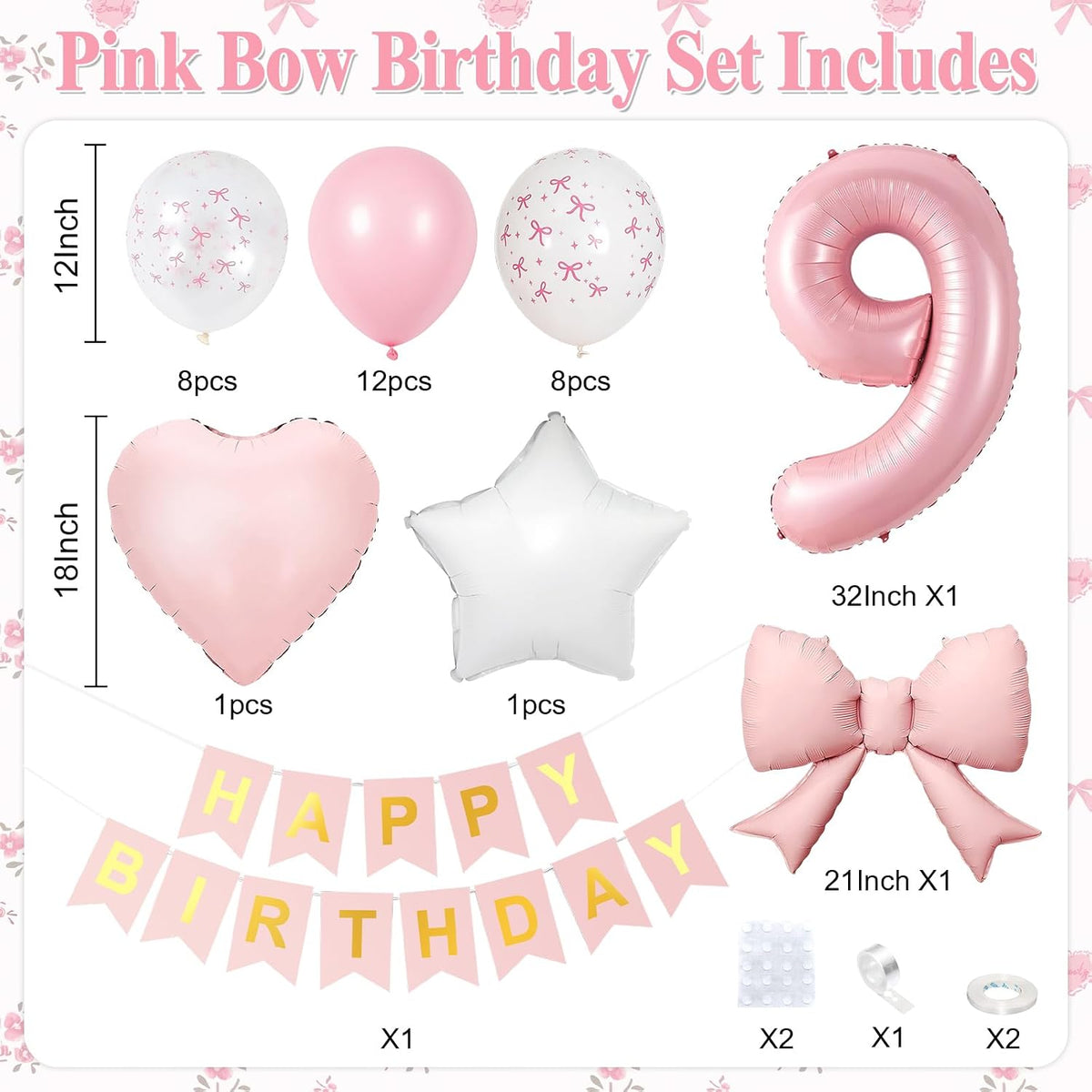 1st Pink Bow Birthday Decorations for Girls,Pink White Bow Latex Balloons